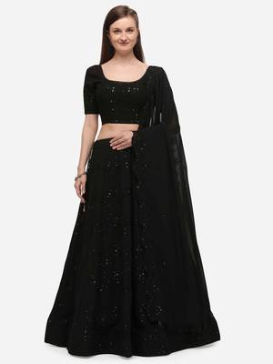 Black thread embroidery georgette semi stitched lehenga 1