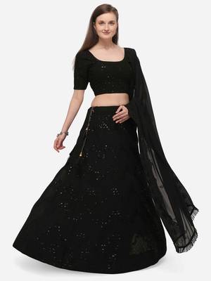 Black thread embroidery georgette semi stitched lehenga 5