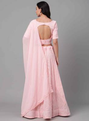 Baby-pink thread embroidery georgette semi stitched lehenga 2