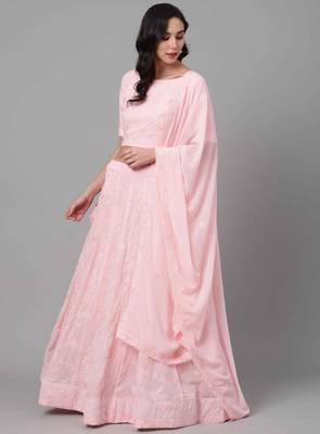 Baby-pink thread embroidery georgette semi stitched lehenga 4