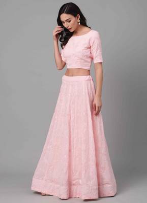 Baby-pink thread embroidery georgette semi stitched lehenga 5