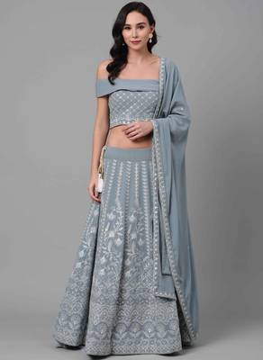 Sky-blue thread embroidery georgette semi stitched lehenga 1