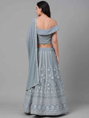 Sky-blue thread embroidery georgette semi stitched lehenga 2