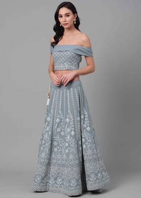 Sky-blue thread embroidery georgette semi stitched lehenga 4