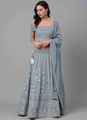 Sky-blue thread embroidery georgette semi stitched lehenga 5