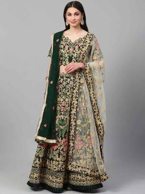 Green embroidered silk semi stitched lehenga 1
