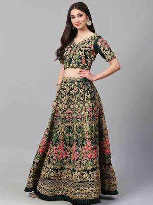 Green embroidered silk semi stitched lehenga 3
