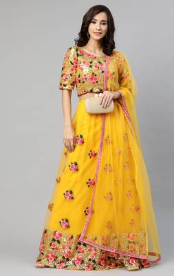 Lime Yellow Thread And Sequins Embroidered Net Semi Stitched Bridal Lehenga 1