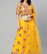 Lime Yellow Thread And Sequins Embroidered Net Semi Stitched Bridal Lehenga