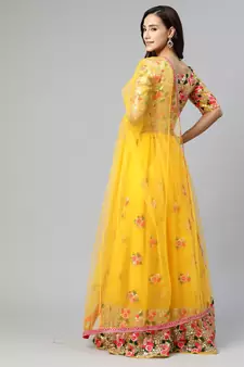 Lime Yellow Thread And Sequins Embroidered Net Semi Stitched Bridal Lehenga