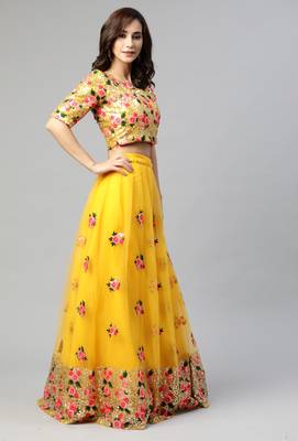 Lime Yellow Thread And Sequins Embroidered Net Semi Stitched Bridal Lehenga 4