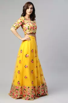 Lime Yellow Thread And Sequins Embroidered Net Semi Stitched Bridal Lehenga
