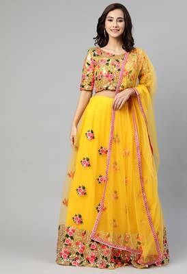 Lime Yellow Thread And Sequins Embroidered Net Semi Stitched Bridal Lehenga 5