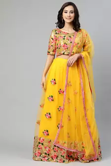 Lime Yellow Thread And Sequins Embroidered Net Semi Stitched Bridal Lehenga