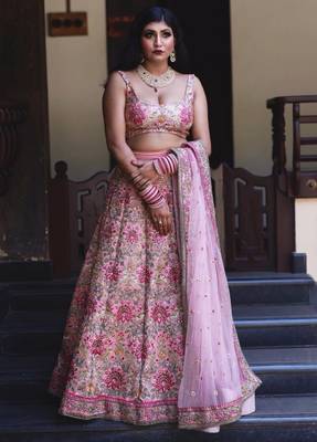 Captivating Baby Pink Dori, Zari And Thread Embroidered Silk Bridal Lehenga 1