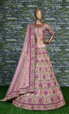 Captivating Baby Pink Dori, Zari And Thread Embroidered Silk Bridal Lehenga 3