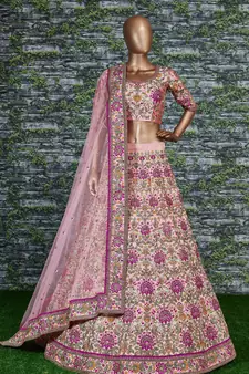 Captivating Baby Pink Dori, Zari And Thread Embroidered Silk Bridal Lehenga