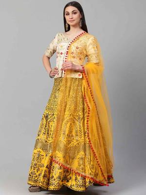 Yellow embroidered silk semi stitched lehenga 1