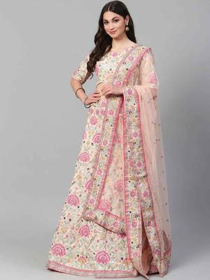 Peach embroidered art silk semi stitched lehenga 1