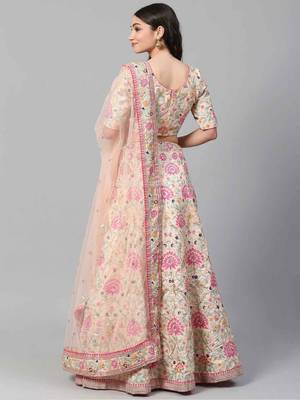 Peach embroidered art silk semi stitched lehenga 2