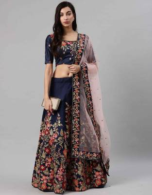 Navy-blue embroidered art silk semi stitched lehenga 1