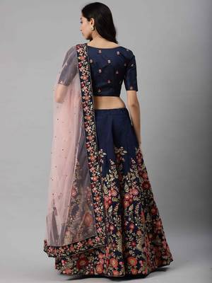 Navy-blue embroidered art silk semi stitched lehenga 2