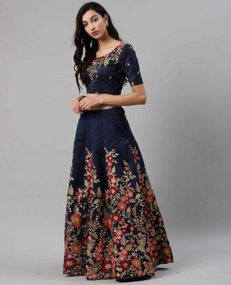 Navy-blue embroidered art silk semi stitched lehenga 4