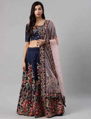 Navy-blue embroidered art silk semi stitched lehenga 5
