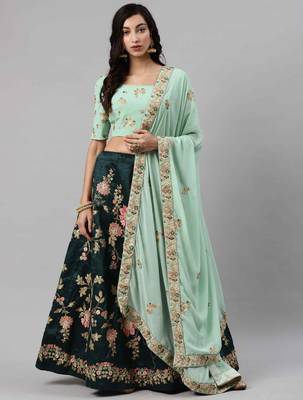 Dark-green embroidered art silk semi stitched lehenga 1