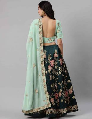 Dark-green embroidered art silk semi stitched lehenga 2