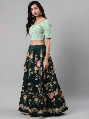 Dark-green embroidered art silk semi stitched lehenga 4