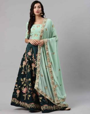 Dark-green embroidered art silk semi stitched lehenga 5