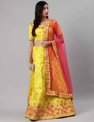 Yellow embroidered art silk semi stitched lehenga 1
