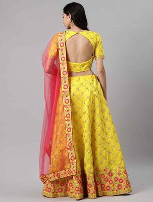 Yellow embroidered art silk semi stitched lehenga 2