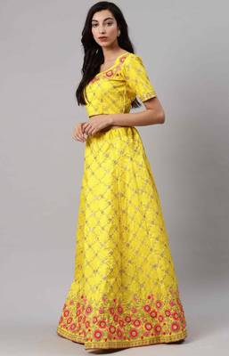 Yellow embroidered art silk semi stitched lehenga 4