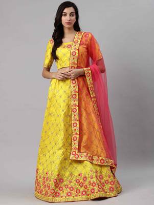 Yellow embroidered art silk semi stitched lehenga 5