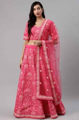 Pink embroidered silk semi stitched lehenga 1
