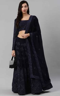Navy-blue embroidered georgette semi stitched lehenga 1