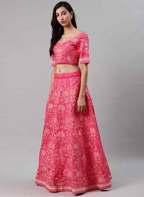 Pink embroidered silk semi stitched lehenga 4