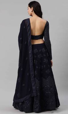 Navy-blue embroidered georgette semi stitched lehenga 2