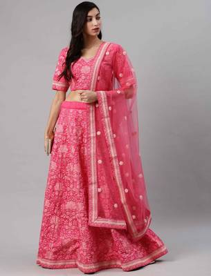 Pink embroidered silk semi stitched lehenga 5