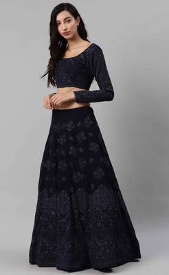 Navy-blue embroidered georgette semi stitched lehenga 4