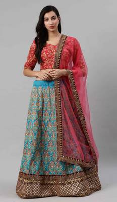Turquoise embroidered silk semi stitched lehenga 1