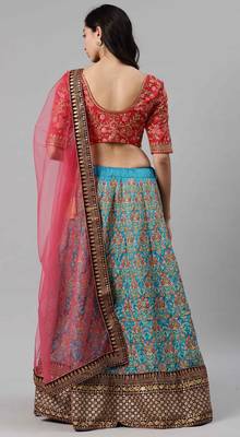 Turquoise embroidered silk semi stitched lehenga 2