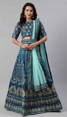 Turquoise embroidered silk semi stitched lehenga 1