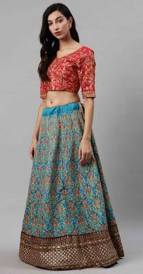 Turquoise embroidered silk semi stitched lehenga 4