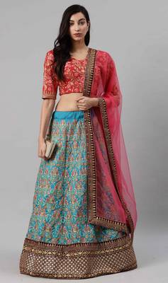 Turquoise embroidered silk semi stitched lehenga 5