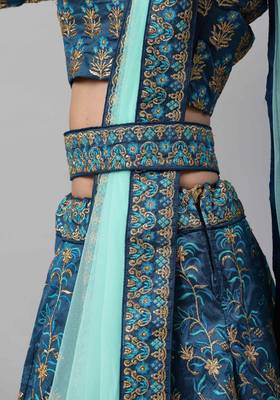 Turquoise embroidered silk semi stitched lehenga 3