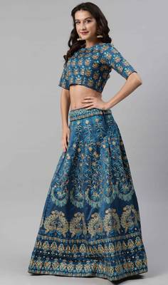 Turquoise embroidered silk semi stitched lehenga 4
