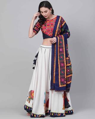 Off-white Embroidered Cotton Traditional Navratri Dandiya Raas Garba Festival Function Semi Stitched Lehenga Choli 1